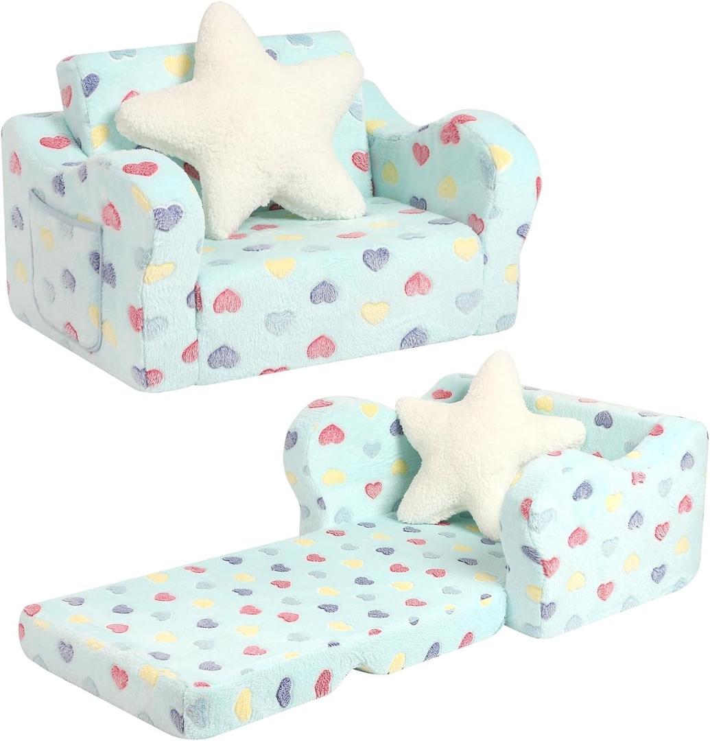 Toddler Couch, 2-in-1 Kids Soft Couch Fold Out with Star Pillow, Foldable Sofa to Lounger, Medium, Colorful Heart (Lake)