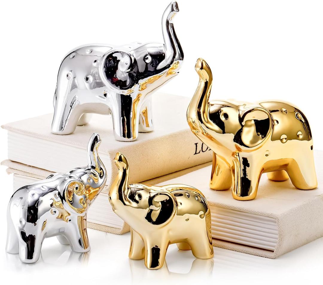 4 Pcs Elephant Statue Home Decor, Modern Style Ceramic Elephants Figurine, Cute Christmas Lucky Animal Sculpture Gift for Living Room Bookshelf Desktop Office (Gold & Silver)