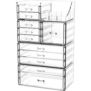 Acrylic Clear Makeup Organizer Countertop,Stackable Skincare Organizer for Vanity With 11 Drawer,Large Plastic Desk Accessories Organization,Bathroom Cosmetic Organizer Countertop for Beauty,Skin Care (11 Drawers-Set of 4)
