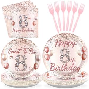 Grencian 96 Pcs 8th Birthday Party Supplies for Girls Rose Gold 8 Years Old Paper Plates and Napkins Tableware Set 8th Birthday Decorations for Girls Eight Years Old Party Grade Graduation Serves 24