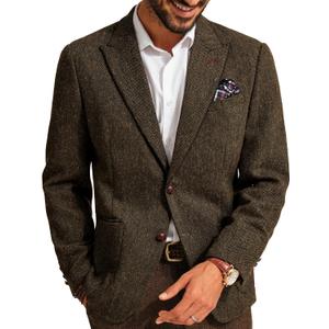 PJ PAUL JONES Mens Blazer Vintage Herringbone Tweed Blazer Two Button Wool Blend Sport Coat with Pocket Square (X-Large, Brown)