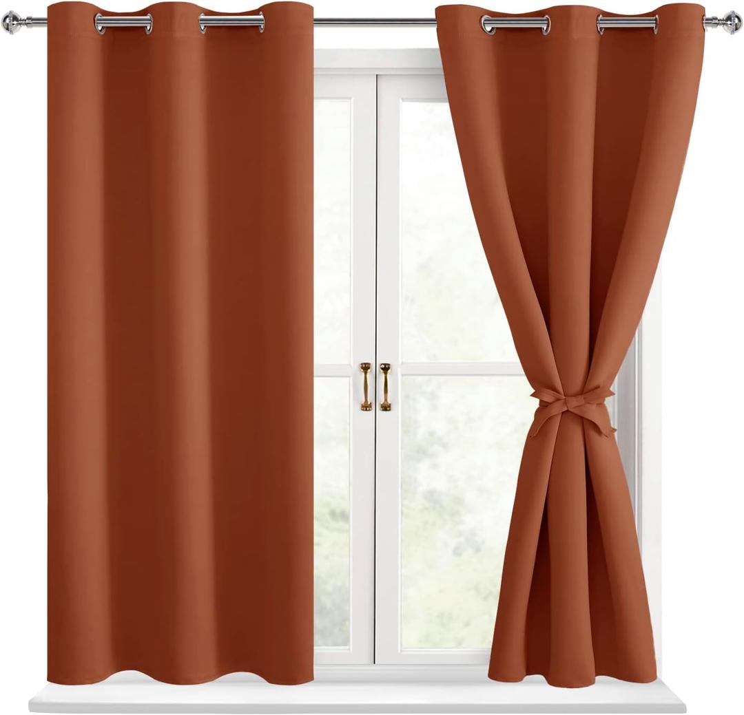 Hiasan Short Blackout Curtains for Bedroom - Thermal Insulated & Energy Saving Window Curtains for Living Room Fall Home Decor, 2 Drape Panels Sewn with Tiebacks, Burnt Ochre, 42 x 45 Inch