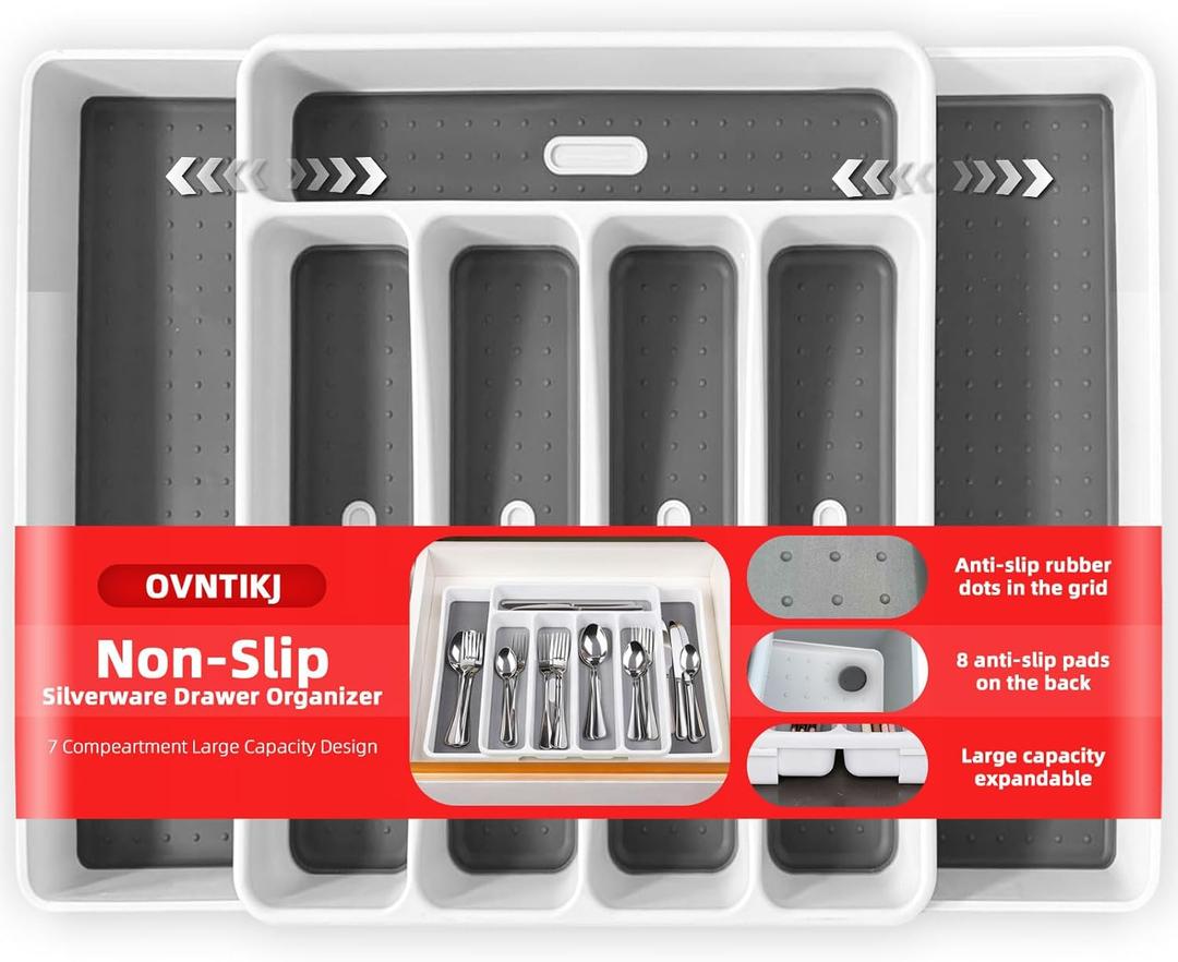 Non-Slip Expandable Silverware Drawer Organizer,7 Compartment Tasteless Large Capacity Thick Plastic Flatware Divider for Silverware, Stationery, Cosmetics  Minimalist Design and Premium Feel