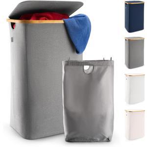 LONBET 26 Gal. Laundry Basket with Lid, Made from Breathable Fabric Aesthetic Clothes Hampers for Laundry with Side Handles & Sturdy Bamboo Frame Laundry Hamper with Lid & Removable Bag, Gray