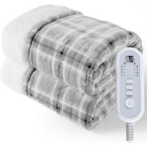 Extra Large 50"x60" Electric Heated Throw Blanket - 8 Heating Levels & 8 Timer Settings, Soft Flannel Plaid Bedspread with Digital Display,