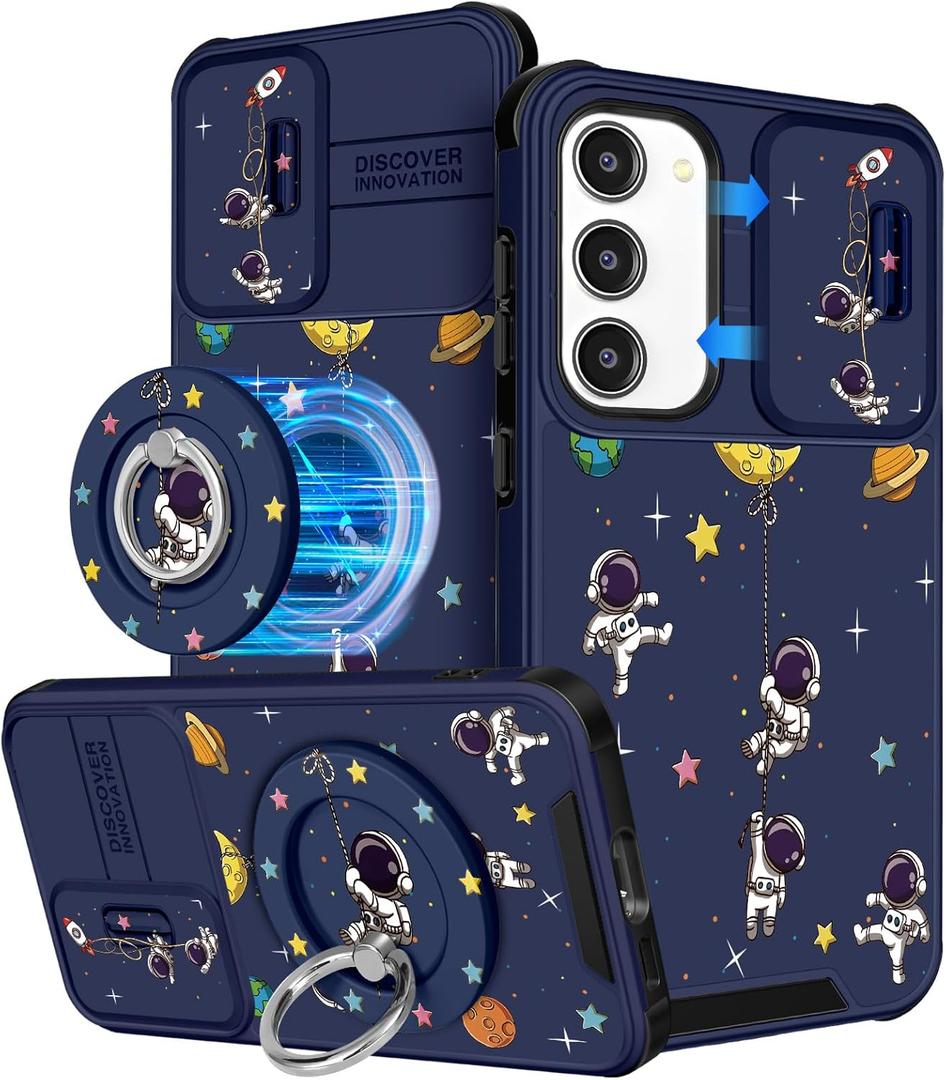 Buleens for Samsung Galaxy S23 Case 6.1 Inch - with Ring Stand & Camera Cover Aesthetic Cute Designed Women Girls Cartoon Astronaut for Samsung S23 Case Compatible with Magsafe
