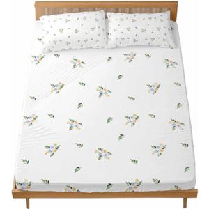 Queen Fitted Sheet and Pillowcase Set, Farmhouse Flowers 3 Pieces Bedding Queen Sheets Sets with Elastic Straps, Pastoral Botanical Watercolor Microfiber Deep Pocket Bed Sheets Up to 16" (Yellow Skyblue)