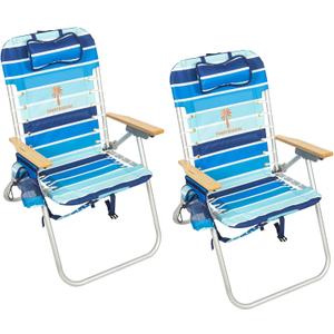 Tommy Bahama Hi-Boy 17" Seat Height 4-Position Lace-Up Suspension Folding Beach Backpack Chair, 2-Pack, Stripe