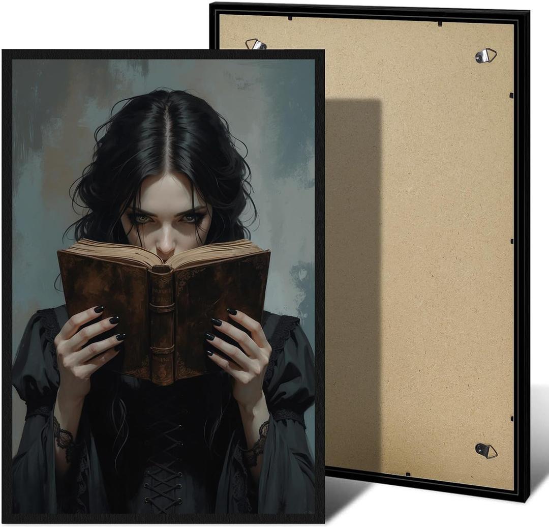 Dark vintage Victorian era woman reading dark college library wall art print bookish wall art print suitable for home bedroom (8x12in-Black-Wood-Framed, a04)