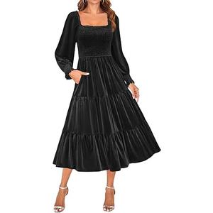 Women's Velvet Long Sleeve Dresses 2026 Winter Square Neck Smocked Ruffle A Line Flowy Cocktail Party Midi Dress(L)