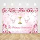 7x5ft Mi Primera Comunion Backdrop for Girl Pink Baptism Christening Photography Background God Bless First Holy Communion Mi Bautizo Floral Party Decorations Banner Photo Props