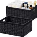 UBBCARE 2 Pack Wicker Basket, 16.5L13H7.5W inch Woven Paper Rope Storage Baskets for shelves, Foldable Rectangular Storage Baskets with Handle, Storage Basket for Organizing, Black