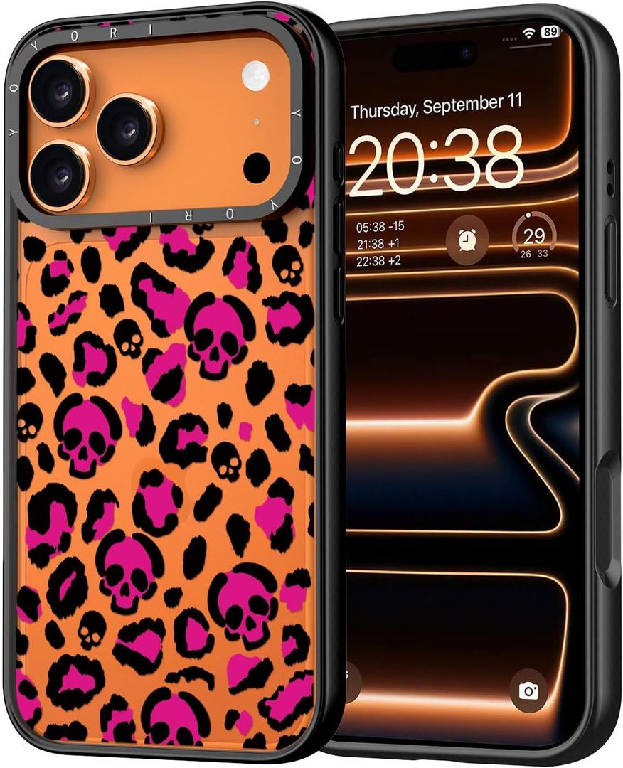 for iPhone 17 Pro Max Case - [6.6 ft Military-Grade Drop Protection] [Anti-Peel Technology] Clear Black TPU Bumper Case with Cute Design(Leopard Print with Skulls)
