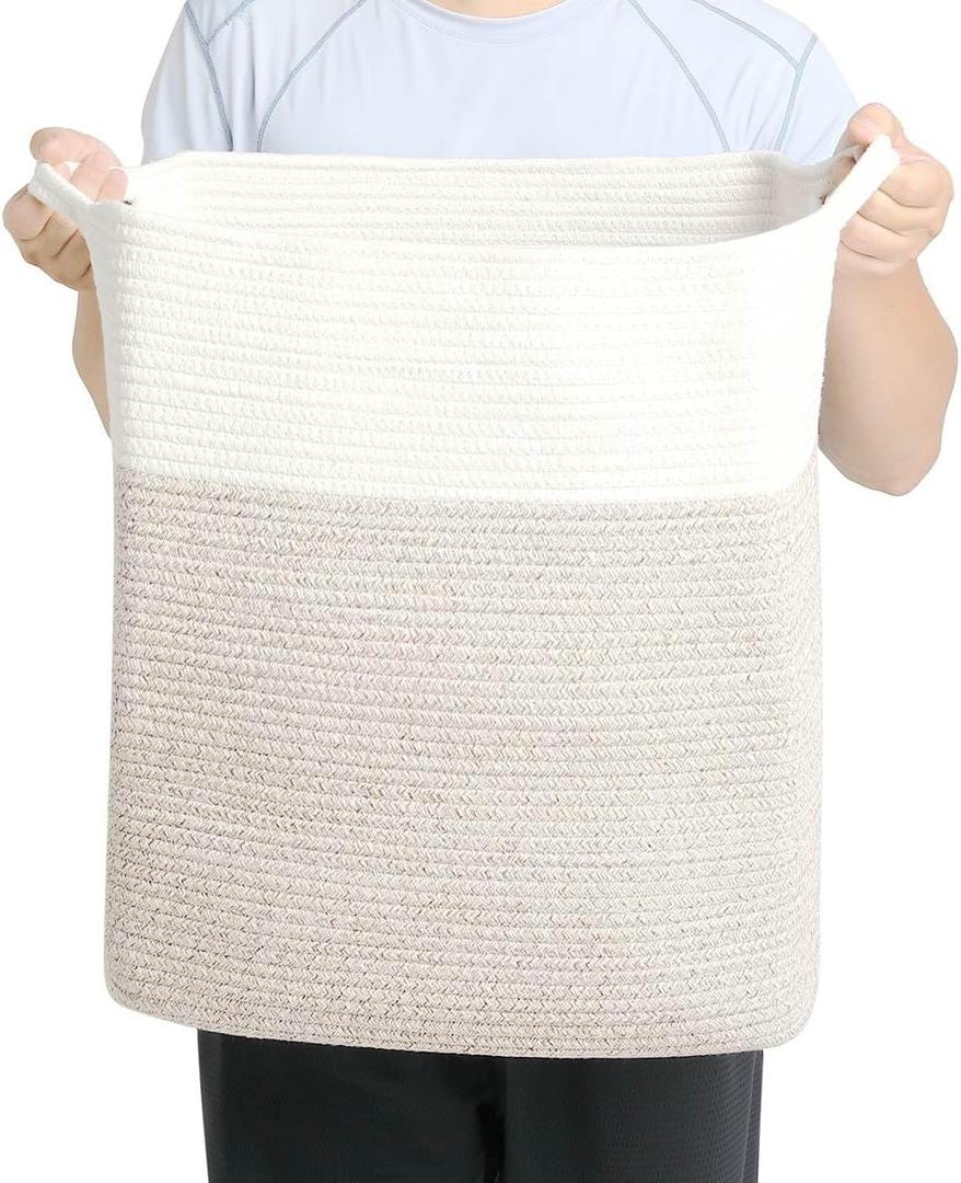 Tall Laundry Basket With Handles,Woven Cotton Rope Big Laundry Hamper Sorters,Versatile Storage for Dirty Clothes,Baby Toys,and Blankets in Bathroom, Nursery,and Living Room (White Brown, 68L)