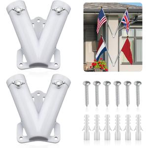2pcs Double Flag Pole Bracket Holder, V Shape Sturdy Aluminum Alloy Flag Pole Bracket Flag Holder Mounting Bracket for Outdoor Memorial Day National Holiday 4th of July