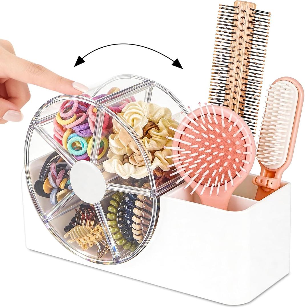 Hair Accessories Organizer with 5-Section Rotating Case, 2-Slot Comb & Hair Brush Holder, Cute Bathroom Vanity Caddy for Hair Tiles, Clips, Scrunchies, Other Accessories, Girls Vanity Dcor (White)