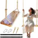 Wooden Swing,Wood Tree Swing for Adults Kids,Adjustable Hemp Rope Plus Tree Straps, 24"x 8"x 1.2" /500LBS LoadsWood Swing Seat for Outside and Indoor Use