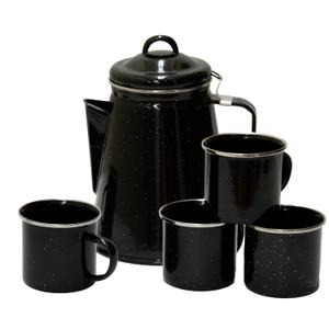 Stansport Enamel 8-Cup Percolator Coffee Pot and 4-Mug Set - Heavy-Duty Campfire Coffee Maker with 12oz Mugs - Percolator Stem Included - Double Baked Enamelware for Camping, Hiking, RV & Cabin (Black)