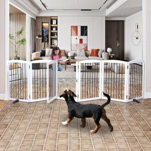 Dog Gate Freestanding Dog Fence Indoor with Door Foldable, Wooden Dog Gate for The House, Doorway, Stairs, Pet Gate Puppy Safety Fence, Support Feet Included, 32" Height, 6 Panels, White