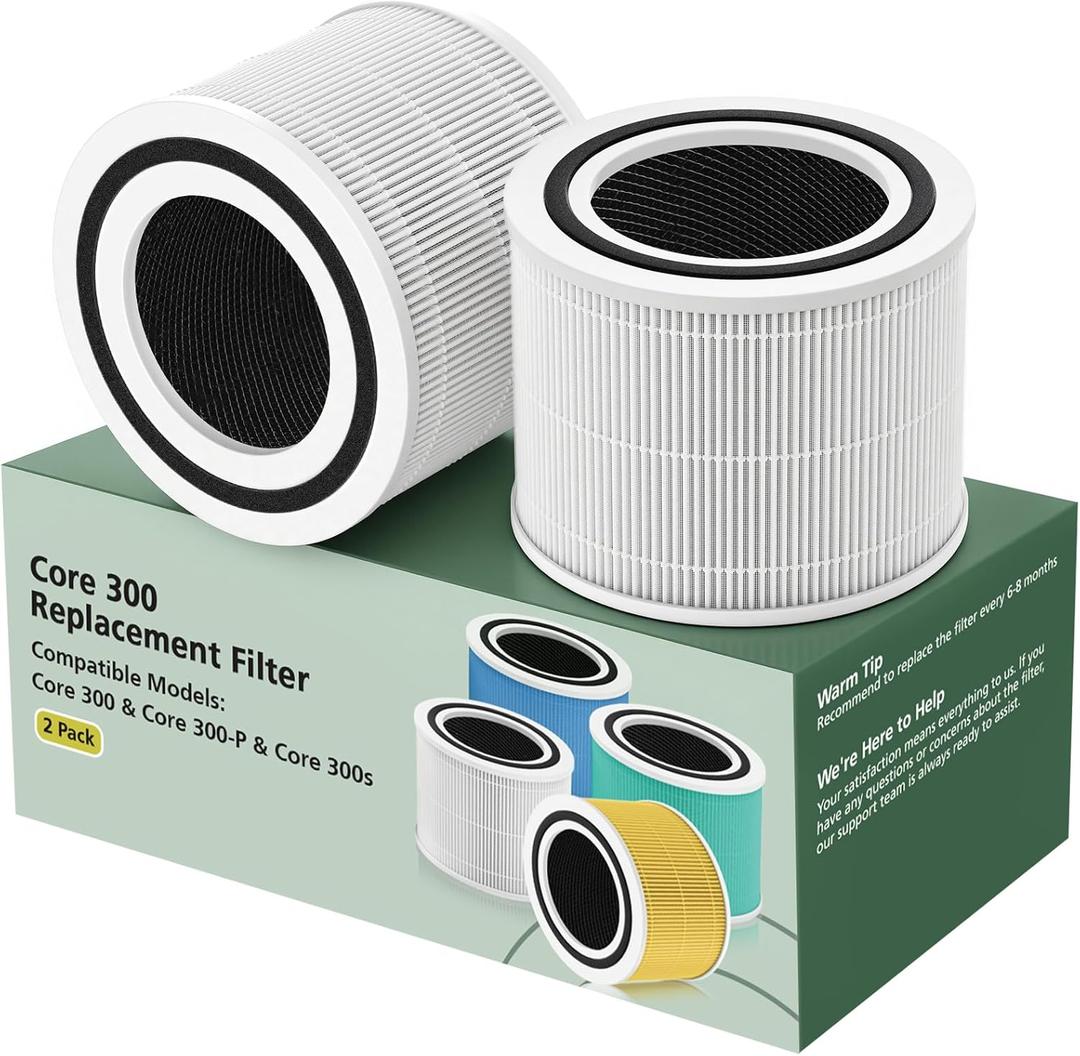 Core 300 Replacement Filter for LEVOIT Core 300 Core300-P Core 300S Core 300-P VortexAir Air Purifier, Core 300-RF, 3-in-1 HEPA Activated Carbon, 2 Pack, White, Core 300-P