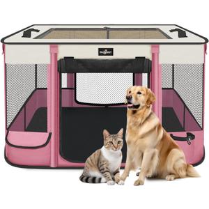 Foldable Pet Kitten Playpen, Upgrade Waterproof Portable Cat Dog Playpen Kennel Tent for Small Dog Cat, Removable Shade Cover, Come with Free Carrying Case, Indoor Outdoor Use for Small Pet, Pink