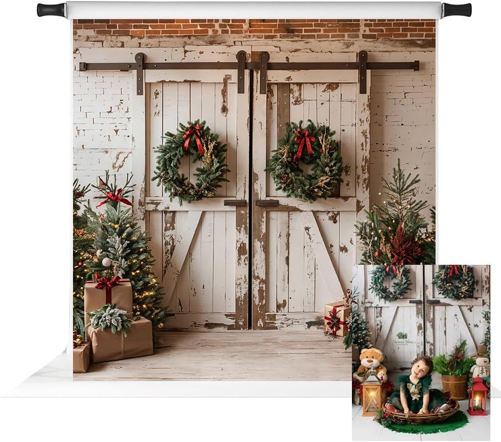 Kate Christmas Backdrops Christmas Barn Door Backdrop Shabby Door Photography Backdrops, 8x8ft