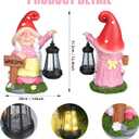 Solar Garden Gnome Statue Holding LED Lantern with Welcome Sign Outdoor Ornaments Waterproof Christmas Decoration for Outside Patio Yard Lawn Decor (Pink)