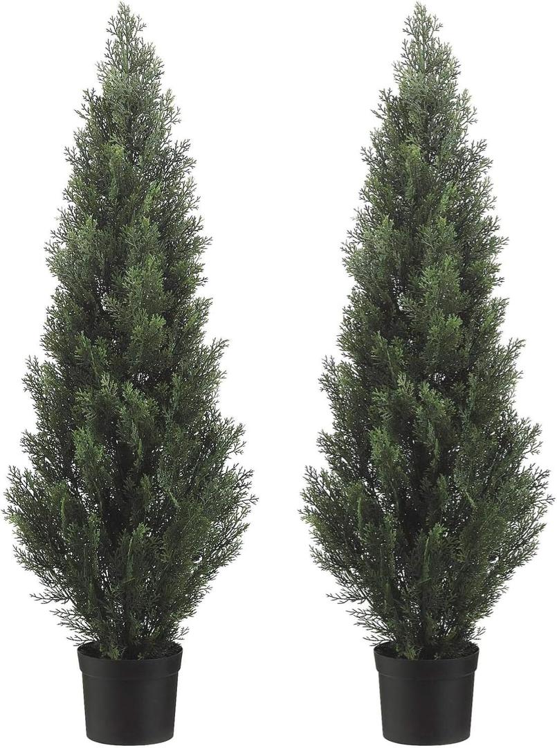 Two 5 Foot Artificial Topiary Cedar Trees Potted Indoor Outdoor Plants