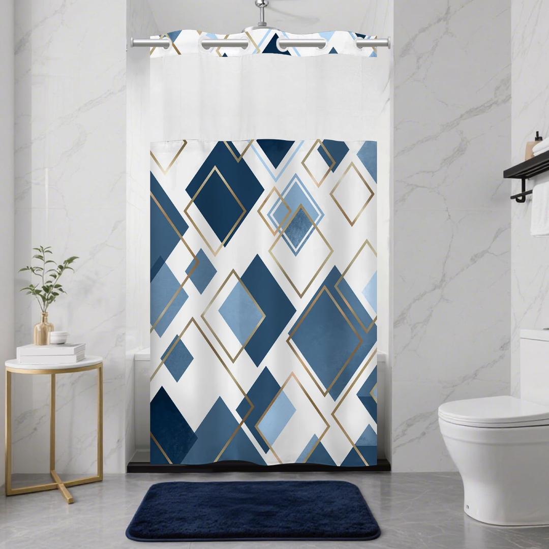 TWLSNCD Small Stall No Hook Shower Curtain with Snap in Liner, Abstract Geometric Shower Curtains and Liner Set for Bathroom, Hotel Bath Curtain with Mesh Window, Waterproof Washable, Blue 36" x 74"