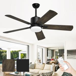 Obabala 52 Inch Ceiling Fans with Lights and Remote, 5 Blades Ceiling Fan with 6 Speeds, Reversible DC Motor, Outdoor Black Fan with Lights for Patio Farmhouse Bedroom