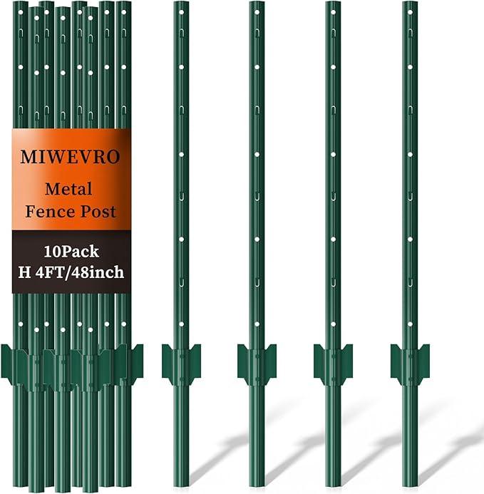10 Pack Garden Fence Post, 4 Feet Heavy Duty Metal U-Post for Wire Fence, No Dig Garden Fence Stakes for Temporary Fencing, Electric Fence Wire, Corner Anchor, and More-Black