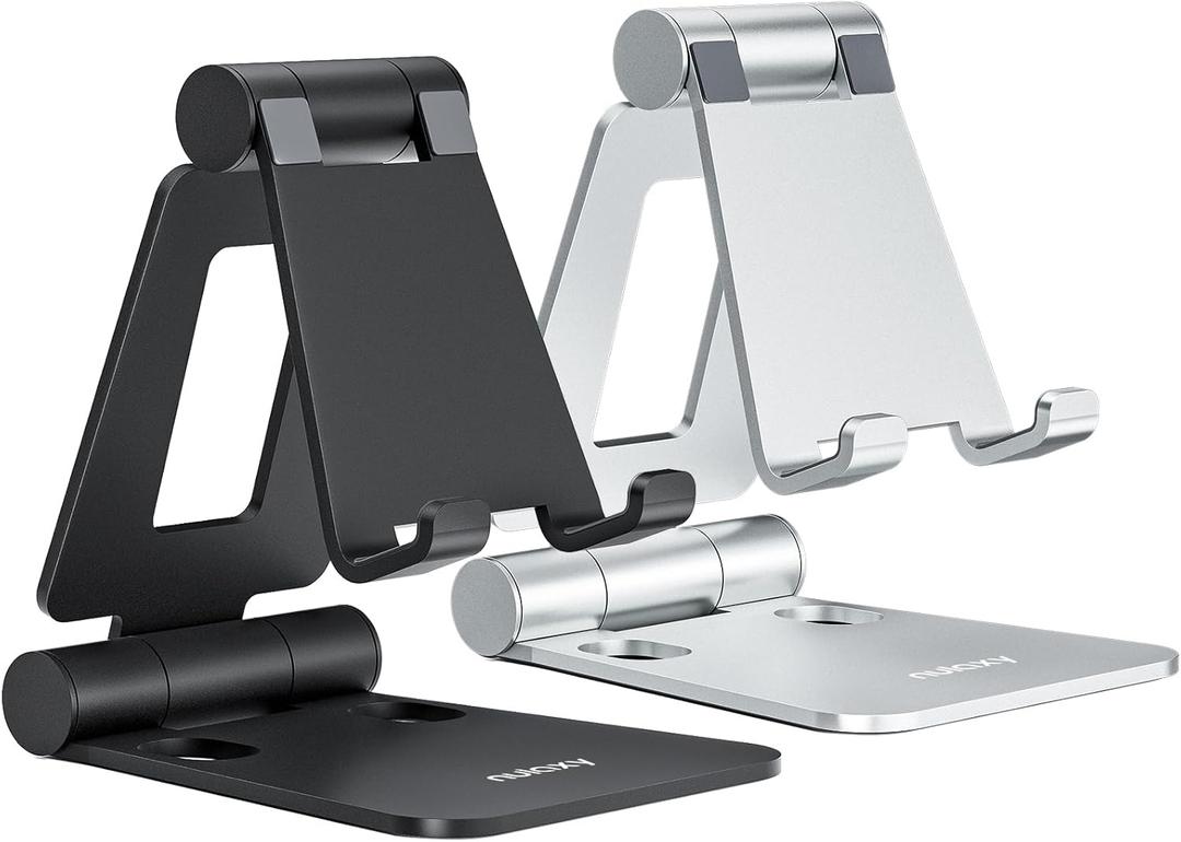 Nulaxy 2 Pack Dual Folding Cell Phone Stand, Fully Adjustable Foldable Desktop Phone Holder Cradle Dock Compatible with Phone 16 15 14 13 12 Pro Xs Xs Max Xr X 8, All Phones, Black & Silver (A-Black & Silver)