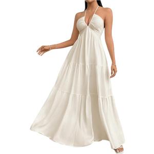 SHENHE Women's Deep V Neck Tie Knot Backless Halter Dress A Line Flowy Ruffle Maxi Dress (Beige), Small