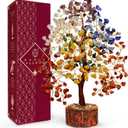 Crystal Tree of Life 7 Chakra Healing Crystal Trees for Home Decor, Office Desk Decor, Living Room Decor, Handmade Bonsai Trees for Positive Energy, Money, Good Luck Birthday Gifts for Women, Mom (1- 7 Chakra Tree Wooden Base 300 Beads)