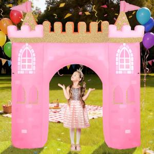 10ft Princess Inflatable Arch Castle with Built-in LED Lights, Pink Princess Party Decorations Blow up Archway for Girl Birthday Baby Shower Outdoor Yard Lawn Decor