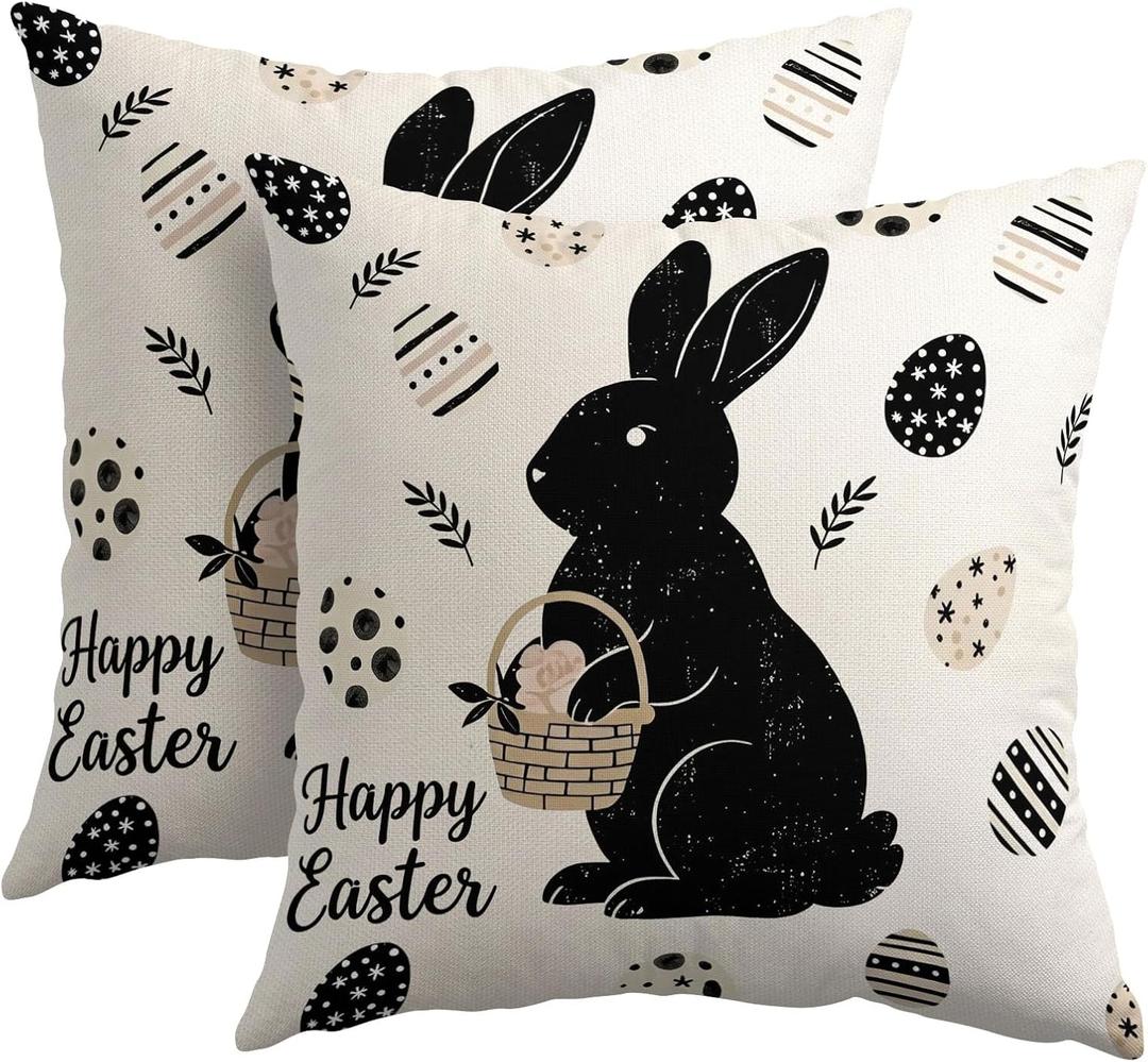 Kawani Happy Easter Bunny Pillow Covers 18X18 Inch Black White Rabbit Eggs Decorative Pillow Cases Set of 2 Holiday Farmhouse Throw Pillows for Sofa Couch Outdoor