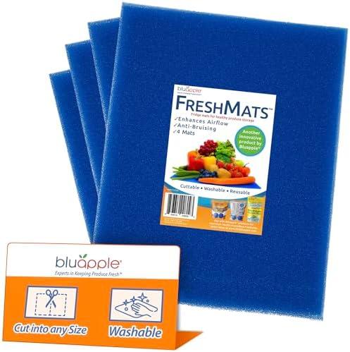Bluapple FreshMats, Refrigerator Bin Liner, Fridge Drawer Mats, Crisper Life Extender Liner Keeps Produce Fresh Longer, Anti-Bruising, Helps Air Circulation, Washable & Reusable (4-Mats, 12x15, Blue)