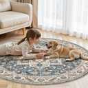 5ft Round Vintage Living Room Area Rug - 5x5 Large Soft Washable Oriental Traditional Distressed Farmhouse Rugs for Bedroom - Indoor Floor Accent Carpet for Home Office House Decor - Vintage Blue
