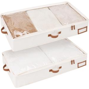StorageWorks Large Under Bed Storage Containers with Handles and Label Holder, 2 Pack Ultra-thick Fabric Underbed Bins, Closet Organizer for Clothes, Blankets, Sweater (Beige)