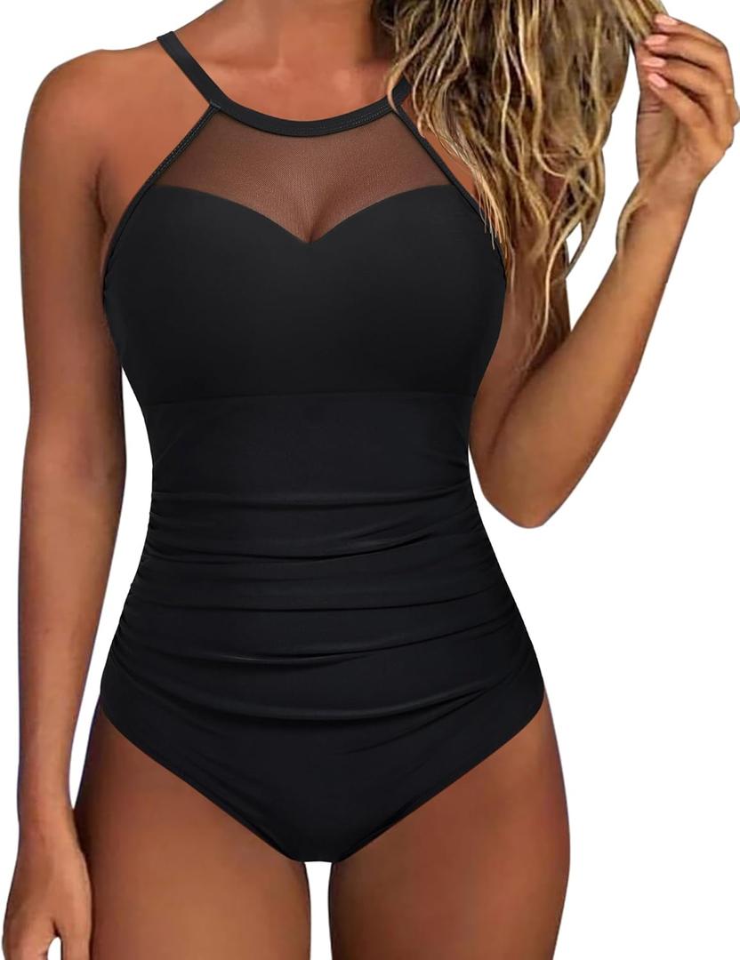 SUUKSESS Women Tummy Control One Piece Swimsuit Sexy Mesh High Neck Bathing Suit (Small, 58 Black)