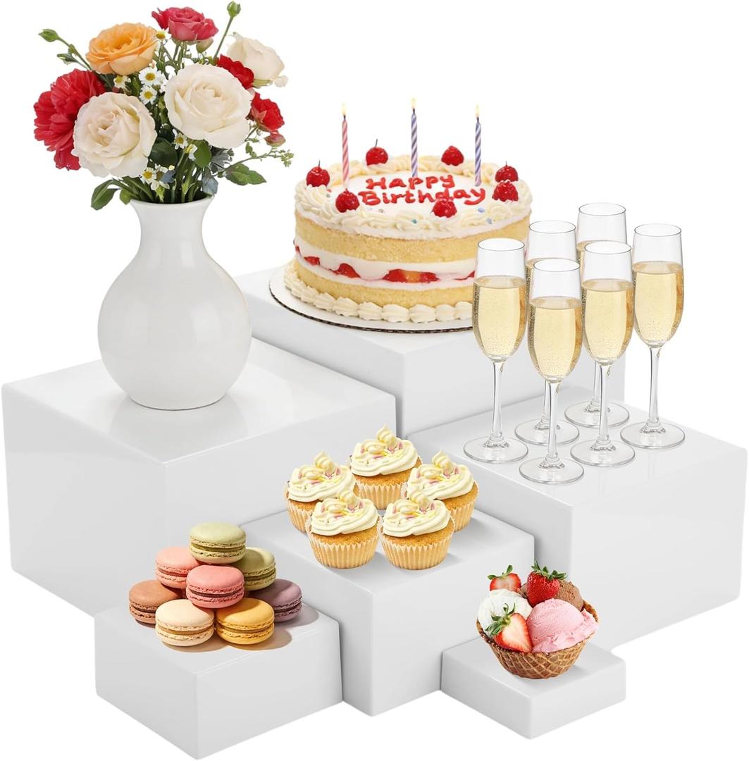 6 Pcs Buffet Display Risers, 3 to 8 Inch White Acrylic Showcase Boxes Set, Versatile Food & Dessert Display Stands with Hollow Bottoms, Ideal for Weddings, Parties, Jewelry & Retail Presentation
