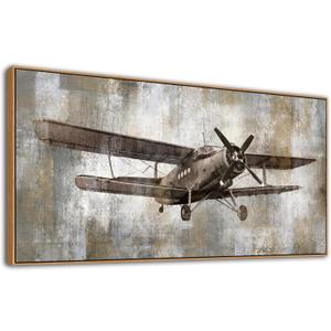 Framed Vintage Airplane Wall Art - Retro Aircraft Canvas Pictures Grey-tone Abstract Background Wall Decor Rustic Elegance Canvas Print Aesthetic Painting Artwork Home Office Decor 29" x 58"