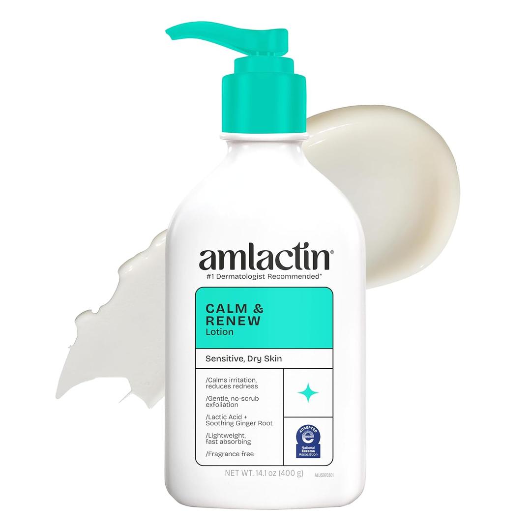 AmLactin Calm Lotion - Therapeutic Body and Face Moisturizer for Sensitive Skin - No-Scrub Exfoliator and Body Lotion for Dry Skin with Lactic Acid AHA and Soothing Ginger Root, 14.1 oz