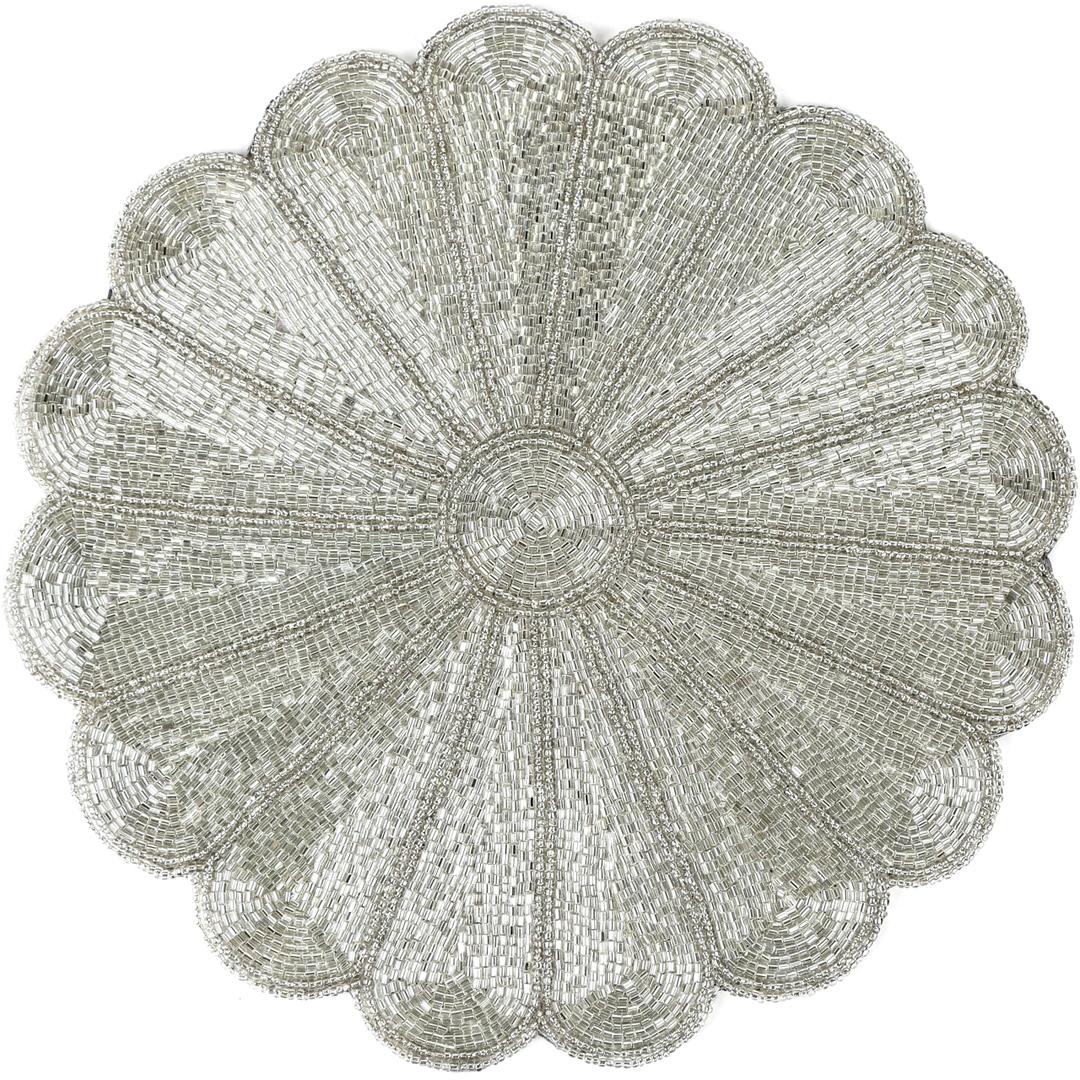 Decorative Round Beaded Placematss - 13 Inch Handmade Charger Plate - Elegant Glass Bead Table Mat - Non-Slip, Decorative & Durable for Weddings, Holidays & Everyday Use (Silver) - ALPHA Living HOME