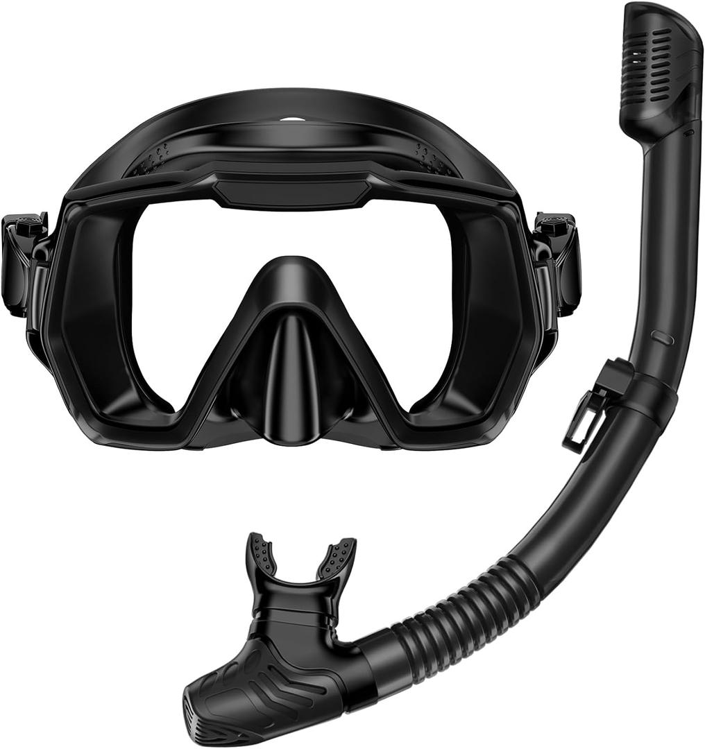 Snorkel Set Adults Snorkeling Gear Anti-Leak and Anti-Fog Tempered Glass Lens Panoramic View Swim Mask Dry Top Snorkel Kit for Snorkeling Scuba Diving Swimming Travel with Carry Bag (Black)