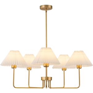 5-Light Gold Chandelier,Mid Century Modern Dining Room Light Fixtures with White Pleated Fabric Shades, Chandeliers Lighting Fixtures for Kitchen Island Above Dining Table,Height Adjustable