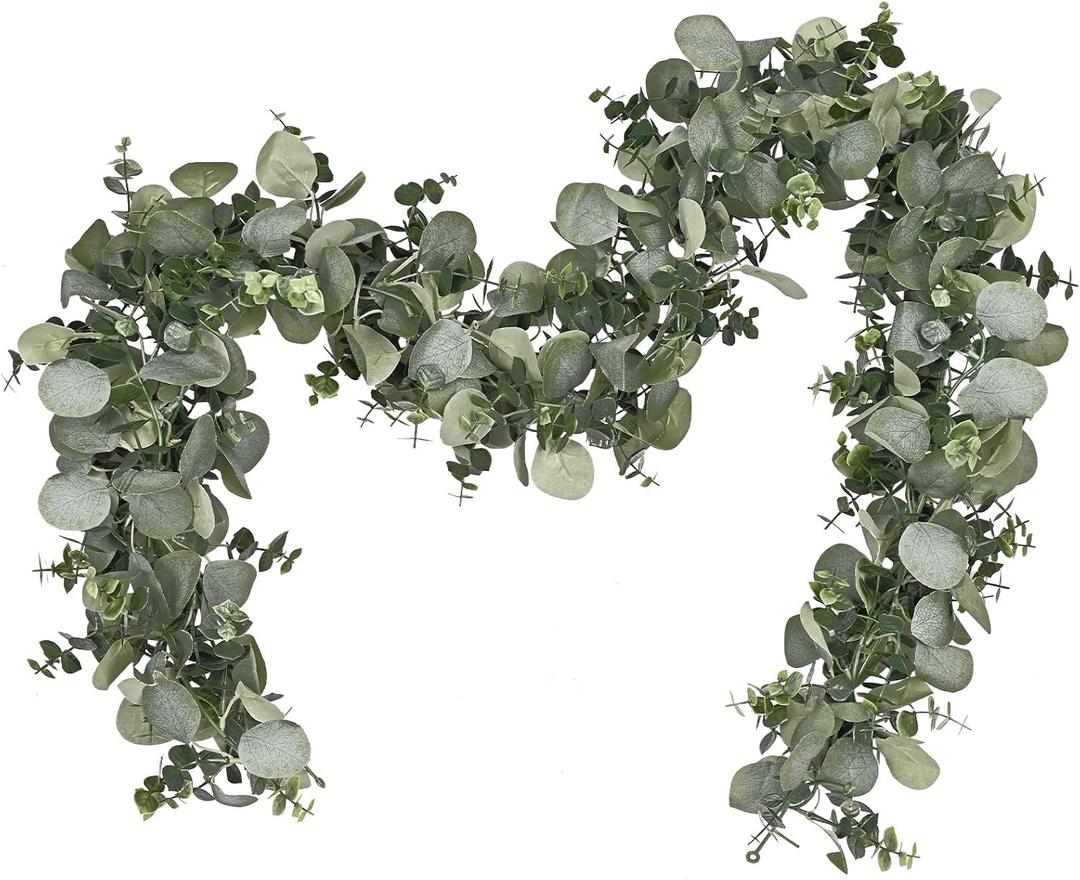 Dolicer 2 Packs 6FT Artificial Eucalyptus Garland, Faux Greenery Garland Hanging Fake Silver Dollar Eucalyptus Leaves Vines for Wedding Backdrop Arch Table Wall Party Home Decor (Grey Green)