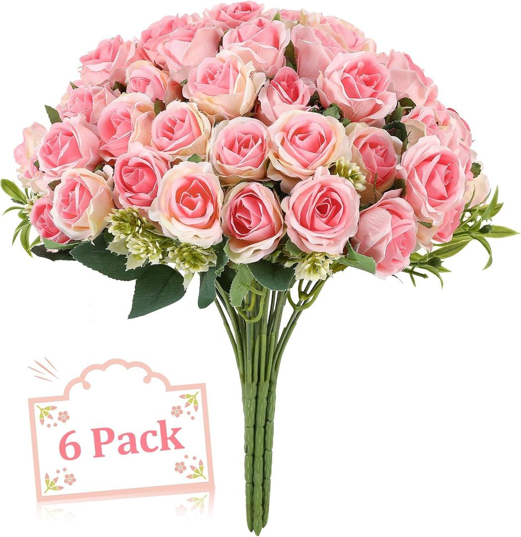 Ovveroche 6 Stems 10 Heads Pink Artificial Silk Roses Bouquets with Leaf Faux Flowers for Wedding, Grave Decor, Home Indoor, Outdoor Wedding Office Use
