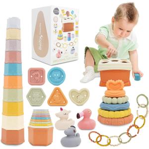 Shape Sorter for Toddler 1-3, 5 in 1 Montessori Baby Toys for Infants 6-48 Months, Sorting & Stacking Toy for Fine Motor Skills, Sensory Learning Set with Rings Link, Birthday Gift