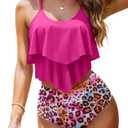 Adisputent Womens High Waisted Bathing Suits Flounce Halter Tank Top Bikini Bottoms Tummy Control Modest Swimwear Two Piece Swimsuits Tankini Red Leopard XXL